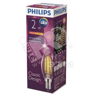 Лампа светодиодная LED 2(25)Вт Е14 2700К В35 прозрачная свеча филамент (929001238308) - Philips