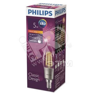 Лампа светодиодная LED 4.5(50)Вт E14 2700К B35 прозрачная свеча дим филамент (929001227208) - Philips