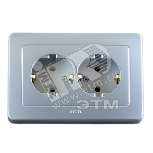 Розетка двойная скрытая с заземлением серебро