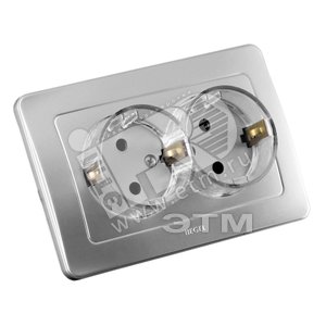 Розетка двойная скрытая с заземлением со шторками (стакан) серебро