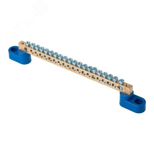 Шина '0' N (6x9мм) 20 отв. латунь 2 синих угловых изолятора розн. стикер