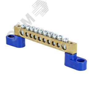 Шина 0 N (6х9мм) 10 отверстий латунь 2 синих угловых изолятора PROxima