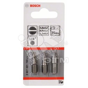 Бита 3шт Extra Hard 25 мм S 0.6x4.5, S0.8x5.5, S1.2x8.0 | 2607001750 | BOSCH - артикул 2607001750