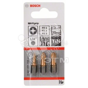 Бита 3шт Max Grip 25 мм Pz/1/2/3 | 2607001755 | BOSCH