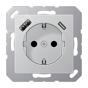 Розетка SCHUKO® с USB-зар. устр, тип A + тип С, термопласт, алюминий - JUNG