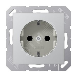 Штепсельная розетка SCHUKO одинарная, с заземлением, без шторок, 16A, 250В  (механизм + накладка, без рамки). Серия A500  Материал- дуропласт  Цвет- алюминий - JUNG