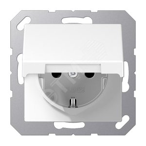 Штепсельная розетка SCHUKO одинарная, с заземлением, с крышкой, с шторками, 16A, 250В  (механизм + накладка, без рамки). Серия A500  Материал- термопласт  Цвет- белый - JUNG