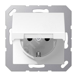 Штепсельная розетка SCHUKO одинарная, с заземлением, с крышкой, без шторок, 16A, 250В  (механизм + накладка, без рамки). Серия A500  Материал- термопласт  Цвет- белый - JUNG