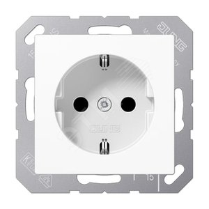 Штепсельная розетка SCHUKO одинарная, с заземлением, без шторок, 16A, 250В  (механизм + накладка, без рамки). Серия A500  Материал- термопласт  Цвет- белый - JUNG