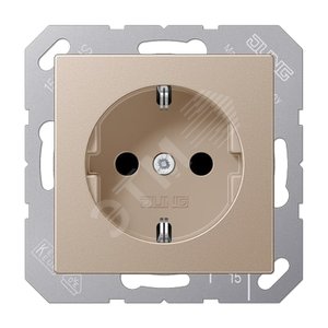 Штепсельная розетка SCHUKO одинарная, с заземлением, без шторок, 16A, 250В  (механизм + накладка, без рамки). Серия A500  Материал- дуропласт  Цвет- шампань - JUNG