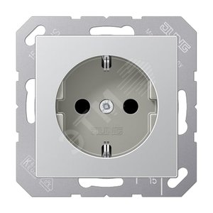 Штепсельная розетка SCHUKO одинарная, с заземлением, с шторками, 16A, 250В  (механизм + накладка, без рамки). Серия A500  Материал- дуропласт  Цвет- алюминий - JUNG