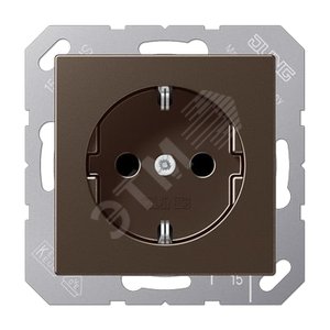 Штепсельная розетка SCHUKO одинарная, с заземлением, с шторками, 16A, 250В  (механизм + накладка, без рамки). Серия A500  Материал- дуропласт  Цвет- мокко