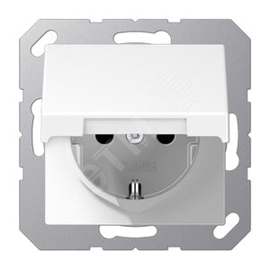 Штепсельная розетка SCHUKO одинарная, с заземлением, с крышкой, без шторок, 16A, 250В  (механизм + накладка, без рамки). Серия A500  Материал- дуропласт  Цвет- белый - JUNG