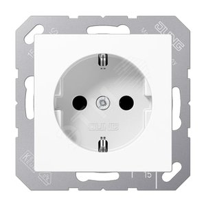Штепсельная розетка SCHUKO одинарная, с заземлением, без шторок, 16A, 250В  (механизм + накладка, без рамки). Серия A500  Материал- дуропласт  Цвет- белый - JUNG