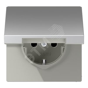 Штепсельная розетка SCHUKO одинарная, с заземлением, с шторками, с откидной крышкой, 16A, 250В  (механизм + накладка, без рамки). Серия LS990  Материал- металл  Цвет- алюминий - JUNG