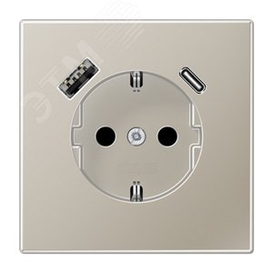 Розетка SCHUKO с USB-зарядным устройством, тип A + тип С, термопласт, нержавеющая сталь (ES1520-15CA-L) - JUNG