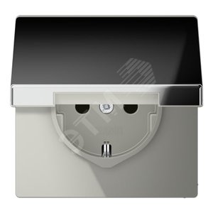 Штепсельная розетка SCHUKO одинарная, с заземлением, с шторками, с откидной крышкой, 16A, 250В  (механизм + накладка, без рамки). Серия LS990  Материал- металл  Цвет- полированный хром - JUNG