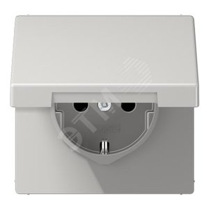 Штепсельная розетка SCHUKO одинарная, с заземлением, с шторками, с откидной крышкой, 16A, 250В  (механизм + накладка, без рамки). Серия LS990  Материал- дуропласт  Цвет- светло-серый - JUNG