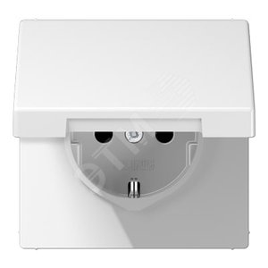 Штепсельная розетка SCHUKO одинарная, с заземлением, с откидной крышкой, 16A, 250В  (механизм + накладка, без рамки). Серия LS990  Материал- дуропласт  Цвет- белый - JUNG