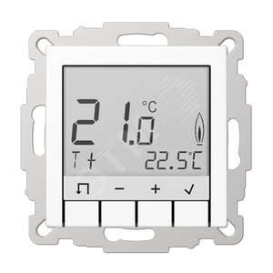 Комнатный контроллер с дисплеем  стандарт , 10А, 230V для имерения и регулировки комнатной температуры и температуры пола  Серия A500  Материал- термопласт  Цвет- белый (TRDA231WW) - JUNG