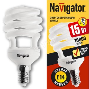 Лампа энергосберегающая КЛЛ 15/827 E14 D48x98 спираль (94043 NCL-SH10) - Navigator Group