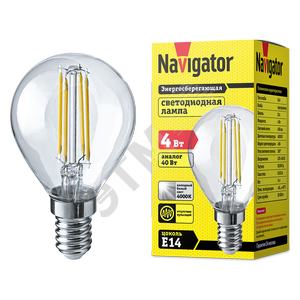 Лампа светодиодная LED 4вт Е14 белый шар FILAMENT (61342 NLL-F-G45) - Navigator Group