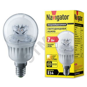 Лампа светодиодная LED 7вт Е14 теплый прозрачная шар (71856 NLL-G45) - Navigator Group