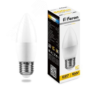 Лампа светодиодная LED 9вт Е27 теплый матовая свеча - Feron