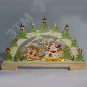 Световая фигура деревянная Панно Санта в санях на батарейках (LT085) - фото 2