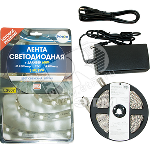 Лента светодиодная LEDх60/м 3м 14.4w/m драйв.12В IP65 белый/белая основа (LS607 белый) - Feron