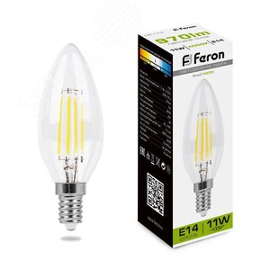 Лампа светодиодная LED 11вт Е14 белый свеча FILAMENT - Feron