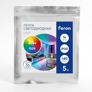 Лента светодиодная 480SMD(2110)/ 14Вт/м 24V 5000*8*1.8мм RGB, IP20, LS531 FERON | 48946 | FERON - фото 3